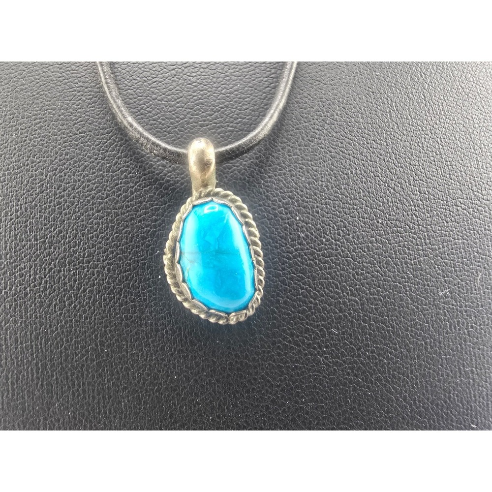 Signed Estate Necklace Blue Oval Pendant Black Cord Southwestern Boho 18in